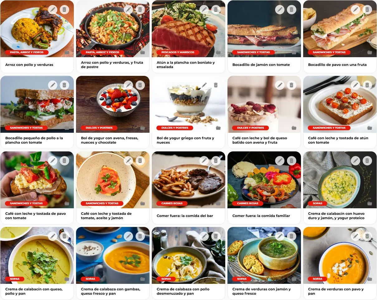 Recetario CrossElite en la plataforma: arroz con pollo, atún con boniato, bocadillos, boles de yogur, tostadas y cremas de verduras, cada una con su categoría