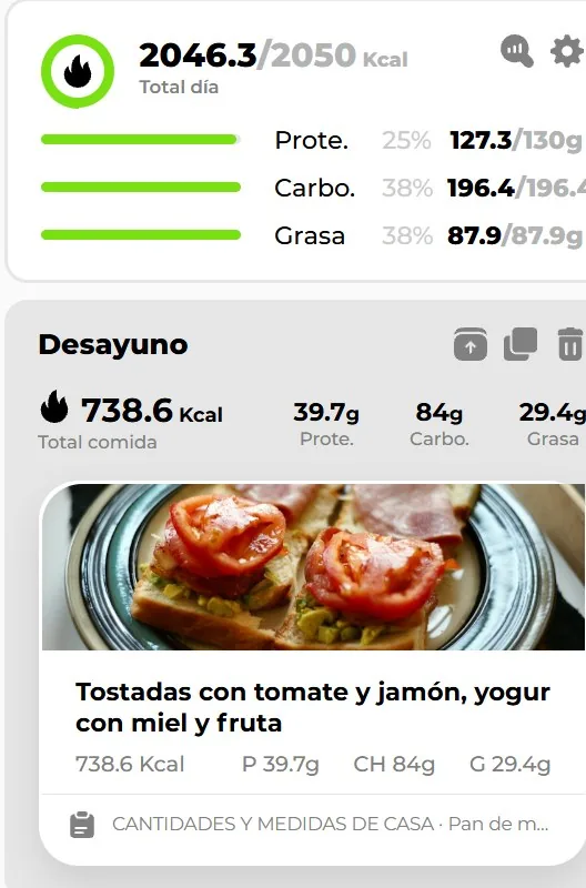 Captura de la plataforma CrossElite: resumen del día con 2.046 de 2.050 kcal, proteínas, carbohidratos y grasas, y el desayuno con sus macros